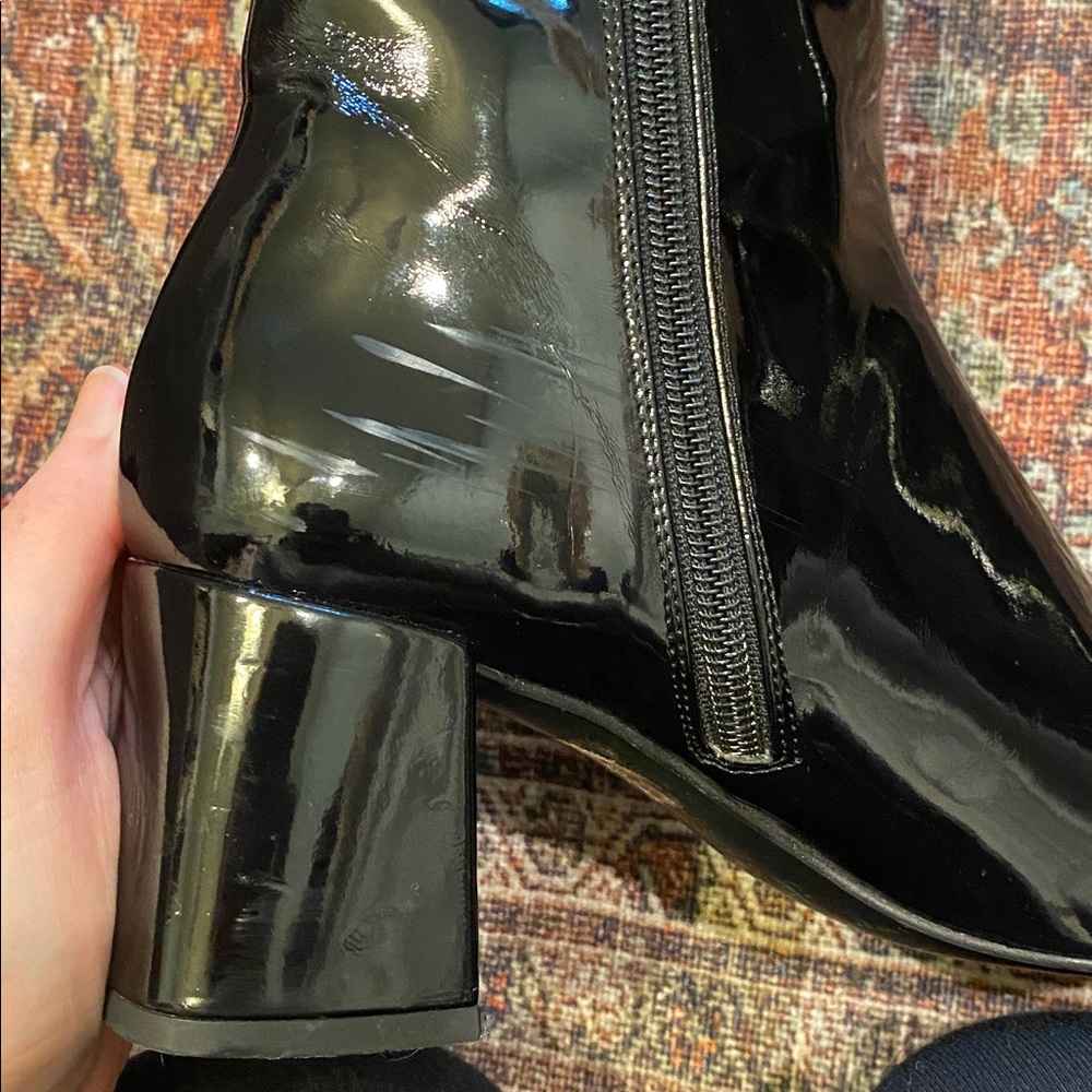 SVEGAN Black Patent Faux Leather Knee-High Boots. Block Heel. Size 38. Size Zip. - Picture 9 of 12